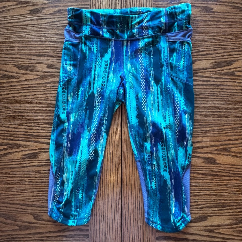 Athleta Vibrant Blue and Green Leggings Grey Mesh